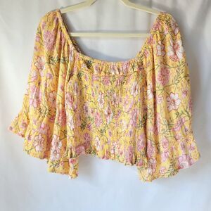 Billabong Floral Flowy Blouse Top Boho Cottagecore Yellow Bell Sleeve Large
